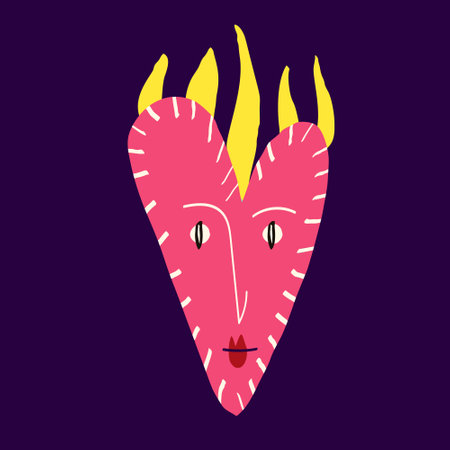 A cute quirky strange clockwork heart with a funny face and horns. Illustration in a modern childish hand-drawn styleのイラスト素材