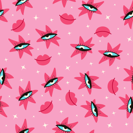 Disco retro glasses seamless pattern. Groovy background with cute muzzle. Illustration in a modern hand-drawn styleのイラスト素材