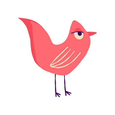 Fancy weird red bird. A bizarre fairy-tale firebird, Illustration in modern childish hand drawn styleのイラスト素材