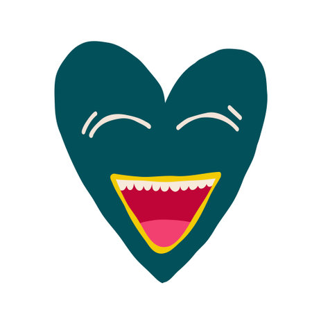 a strange funky green heart with aa smiling muzzle. Illustration in a modern childish hand-drawn styleのイラスト素材