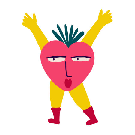 Funny whimsical charming pink jubilant positive strawberry with legs and arms, with a cute face. Illustration in a modern drawn childish styleのイラスト素材