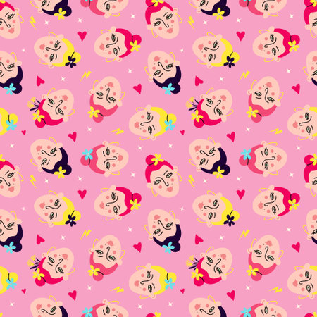 Bright pattern with comical funny girly faces, hearts and stars on a pink background