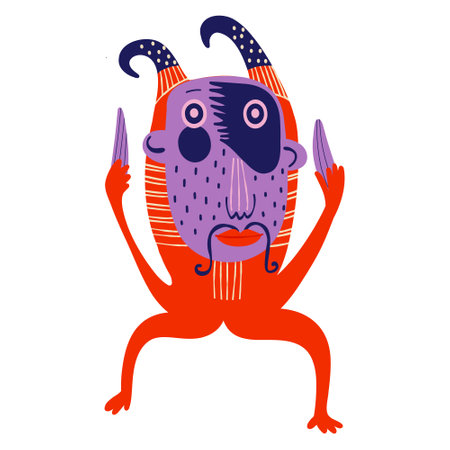 ugly red devil with a face in the mask. Strange Halloween characters. Vibrant bright Strange ugly Halloween characters. bizarre comic characters in modern flat hand drawn styleのイラスト素材