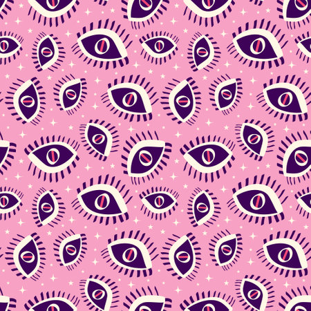 Pink Vibrant Feminine Aesthetic pattern with abstract painted faces and rose flowersのイラスト素材