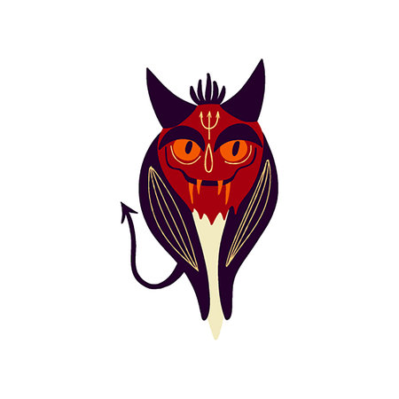 An evil demon with an aggressive terrible face, fangs and horns. Halloween Character with devil face. Cartoon illustrationのイラスト素材