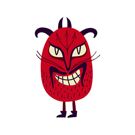 Red devil with a creepy face. Vibrant bright Strange ugly Halloween characters. Cute bizarre comic...