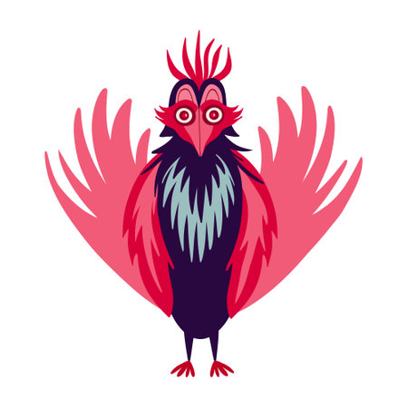 Quirky strange fairy bird. Illustration in modern childish hand drawn styleのイラスト素材