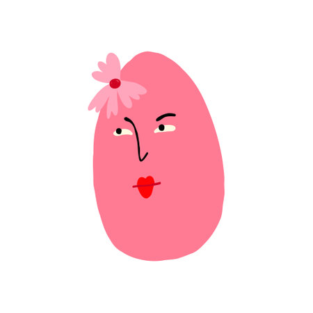 Adorable strange pink egg with face. Cute quirky comic Easter egg illustrationのイラスト素材