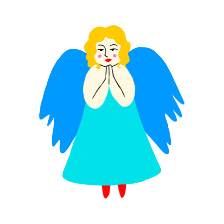 retro comic illustration of angel girl with wings. Hand drawn cartoon character in doodle styleのイラスト素材