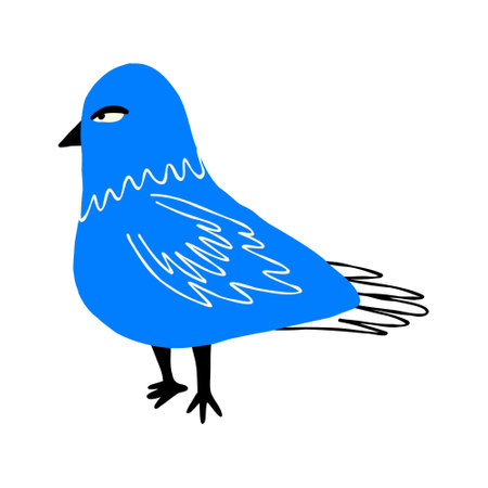 Strange funny blue pigeon. Modern hand drawn cartoon illustration of bird in doodle styleのイラスト素材