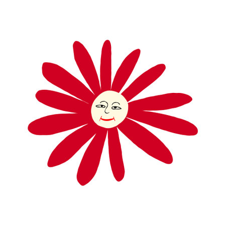 Lovely funny red flower witch cool face. Modern hand drawn cartoon illustration of flower in doodle styleのイラスト素材