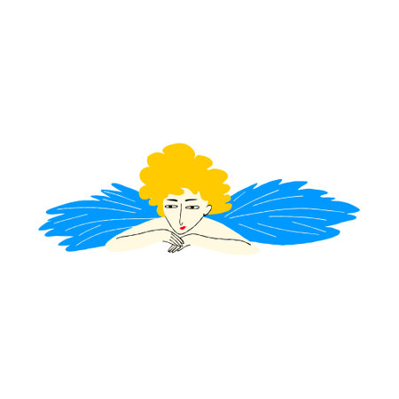 retro comic illustration of angel man with wings and lovely fac. Hand drawn cartoon character in doodle styleのイラスト素材