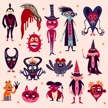 Vibrant bright Strange ugly Halloween characters. Funky bizarre comic characters in modern flat hand drawn styleのイラスト素材
