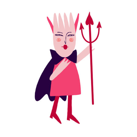 Funny bizarre Demon with a trident. Illustration in a fashionable flat style for Halloweenのイラスト素材