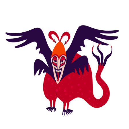 Red demon with a creepy face. Vibrant bright Strange ugly Halloween characterのイラスト素材