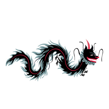 Chinese Black Mystical Fantasy Dragon. Comic cartoon Illustration in childish hand drawn styleのイラスト素材