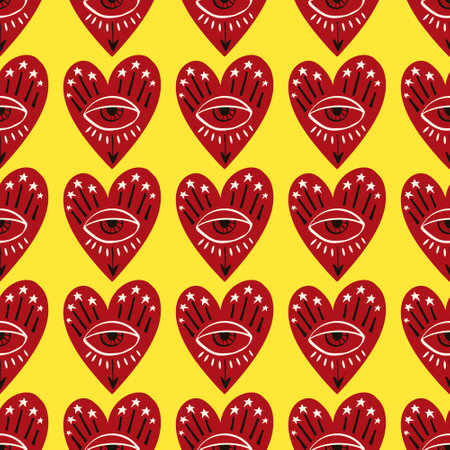 Red and yellow Valentines Day seamless pattern with magical hearts.. Valentine characters backgroundのイラスト素材