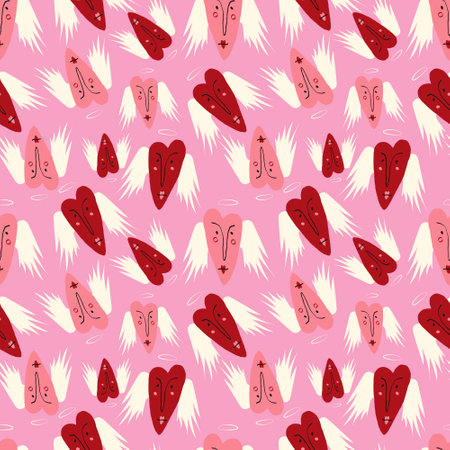 Bright Valentines Day seamless pattern with cool angels hearts. Valentine characters backgroundのイラスト素材