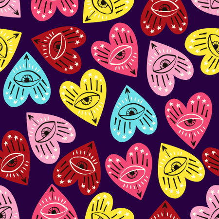 Bright vivid Valentines Day seamless pattern with magical hearts.. Valentine characters backgroundのイラスト素材