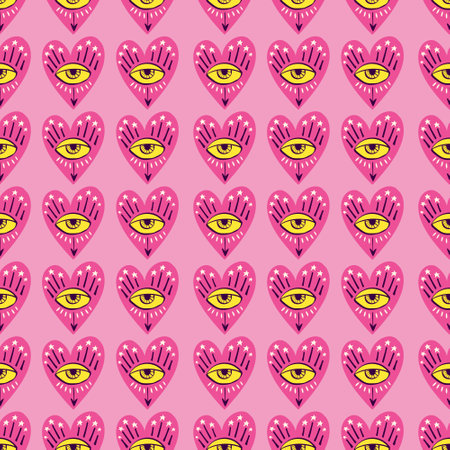 Bright vivid Valentines Day seamless pattern with magical hearts.. Valentine characters backgroundのイラスト素材