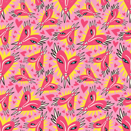 Cool strange hearts seamless pattern. Bright Valentine's Day pattern with angels heartsのイラスト素材