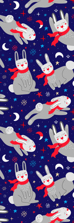 Blue Gray Funny Winter Rabbits in Scarf Bookmark printableの写真素材
