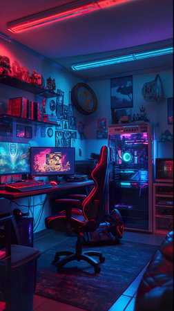 Gamer room in neon lights ai generated imageの素材