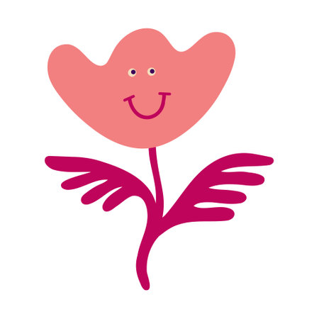 Awesome funny pink flower with a cute face, Illustration in a modern childish hand-drawn styleのイラスト素材