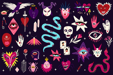 Vibrant Strange ugly Halloween characters. Cute bizarre comic characters in modern flat hand drawn styleのイラスト素材