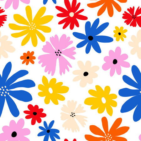 Retro seamless pattern with cute naive flowersの写真素材