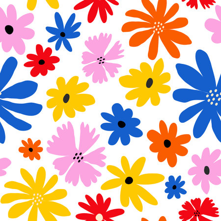 Retro seamless pattern with cute naive flowersの写真素材