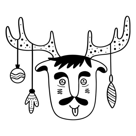 Funny Christmas deer with tree toys. Christmas, New year concept. Hand drawn illustrationのイラスト素材