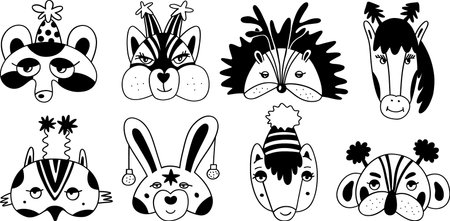 Cheerful funny Christmas mask set.The concept of Christmas, New Year. Cute hand-drawn illustrationのイラスト素材