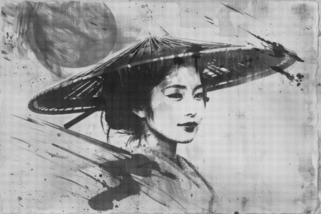 monochrome Japanese watercolor poster with young geishaの素材