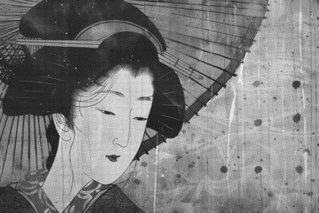 monochrome Japanese watercolor poster with young womanの素材