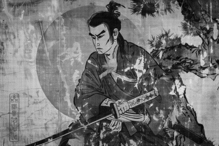 monochrome Japanese Illustration of a Samuraiの素材