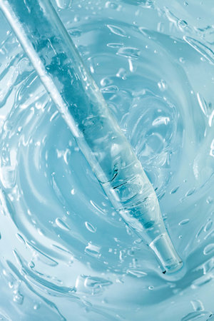 close up of pipette and drop of water on blue background.の写真素材