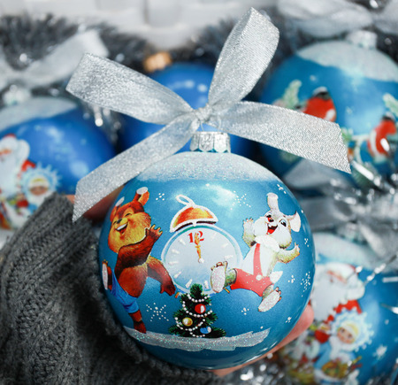 christmas ball on wood table and new year atmosphereの写真素材