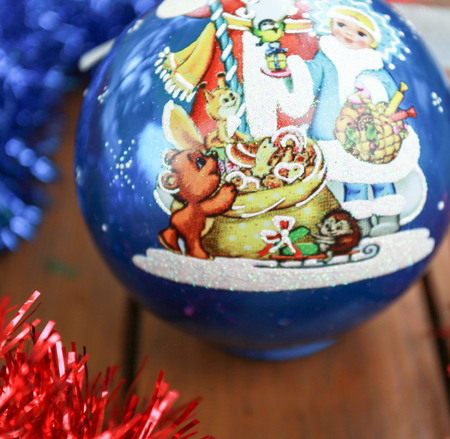 blue christmas ball on wood table and new year atmosphereの写真素材