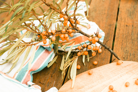 Twig sea buckthorn berries on a wooden background. Autumn decorative frame or border with fresh ripe sea-buckthorn berries and old wooden plankの写真素材