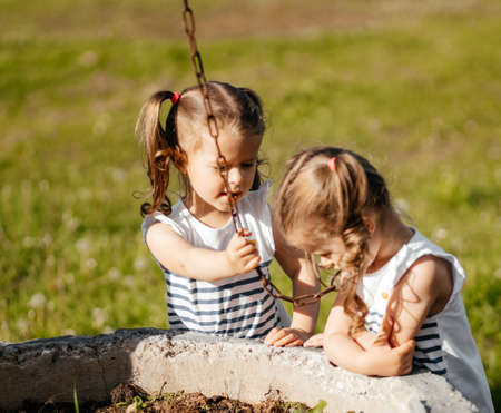 Little twin girls play with each other in natureの写真素材