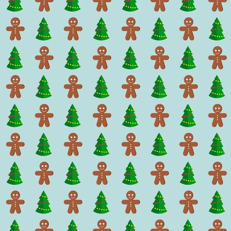 Seamless pattern with Christmas trees and gingerbread men. Vector illustration. For banners, greeting cards, web, wallpaper, wrapping paper, scrapbooking, for printing on clothes, cups, textileのイラスト素材