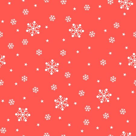 Christmas seamless pattern with snowflakes and stars on red background. Vector illustration. Winter pattern. For web, wallpaper, wrapping paper, scrapbooking, for printing on clothes, textile, packageのイラスト素材