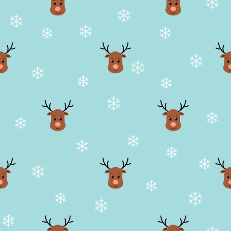 Christmas seamless pattern with reindeers and snowflakes on blue background. Vector illustration. For greeting cards, web, wallpaper, wrapping paper, scrapbooking, for printing on clothes, package.のイラスト素材