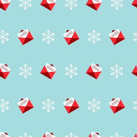 Christmas seamless pattern with red envelopes and snowflakes on blue background. Vector illustration. For web design, wallpaper, wrapping paper, scrapbooking, for printing on clothes, textile, packageのイラスト素材