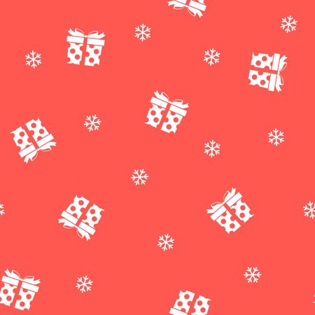 Christmas seamless pattern with gifts and snowflakes on red background. Vector illustration. Winter pattern. For web design, wrapping paper, scrapbooking, for printing on clothes, textile, package.のイラスト素材
