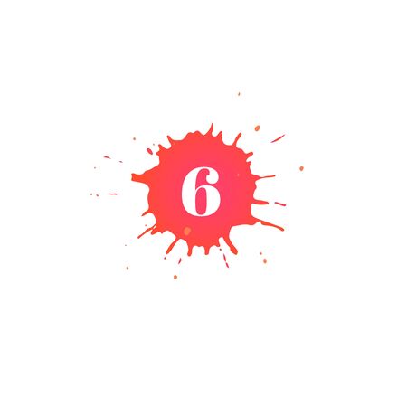 Icon with number six. Hand drawn red paint spot. Number 6 on blot. Vector isolated illustration in...