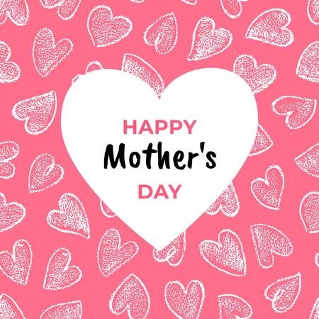 Happy Mother's Day greeting card on pink background with hand drawn hearts. Vector illustration. Heart shape. Postcard for mom with text. For web design, banners, posters, decoration of storefront.のイラスト素材