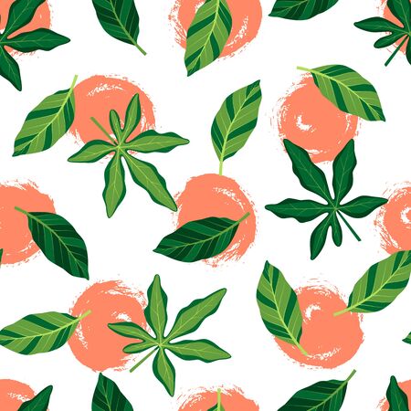 Tropical seamless pattern with leaves. Vector illustration of summer. Exotic wallpaper with hand drawn orange circles on white background. For web, banners, scrapbooking, printing on fabric, wrappingのイラスト素材