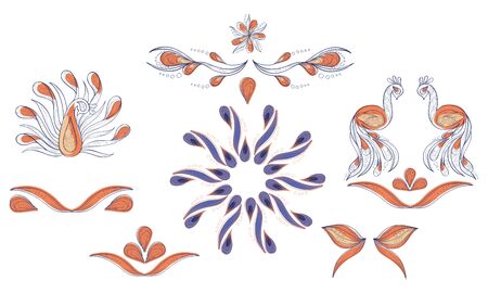 Doodle clipart with peacock and feather in blue and orange for wedding invitationのイラスト素材